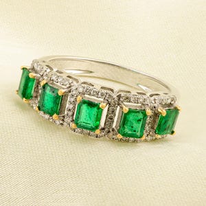 Natural Emerald Band, 14K Solid Gold Ring, Emerald and Diamond Wedding Band, Stackable Ring, Gold Half Eternity Band, Anniversary Band Gift
