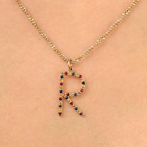 14k Gold Letter R Pendant with Multi-Colored Sapphires,Rainbow Gemstone Initial Charm, Dainty Personalized Jewelry Gift