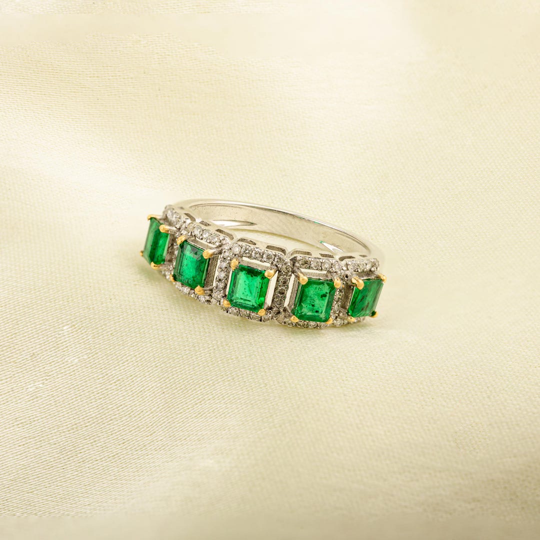 Emerald and Diamond 14K Solid White Gold Wedding Band Ring, May ...