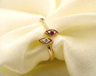 14K Gold Evil Eye Ring: Ruby Diamond Accent - Dainty Stacking Band