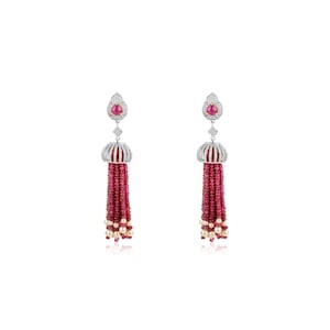 14k Gold Ruby Diamond Tassel Earrings | Long Dangle Beaded Earrings | Real Ruby Pearl Drop Earrings | Bridal Indian Statement Jewelry