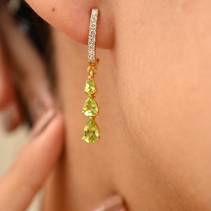 Solid 14k Gold Peridot Dangle Earrings, Pear Cut Green Drop Earrings, August Birthstone Gift, Green Gemstone Earrings Dainty Fine Jewelry
