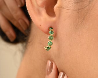18k Gold Emerald Hoop Earrings: Handmade May Birthstone Jewelry
