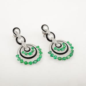 14K Gold Emerald Dangle Earrings | Art Deco Drop Earrings | Natural Emerald & Diamond Statement Earrings | Black Enamel Circle Earrings