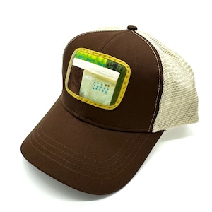 Mini Quilt Trucker Hat (Brown with vintage fabric and French knots)
