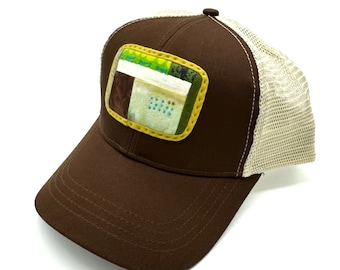 Mini Quilt Trucker Hat (Brown with vintage fabric and French knots)