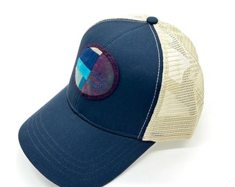 Mini Quilt Trucker Hat (Navy with blue dots)