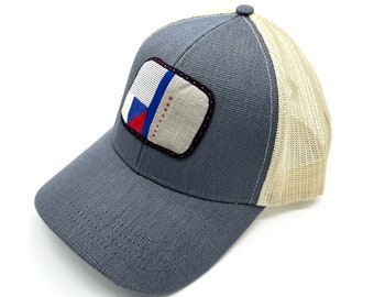 Mini Quilt Hemp Trucker Hat (Slate with red and blue)