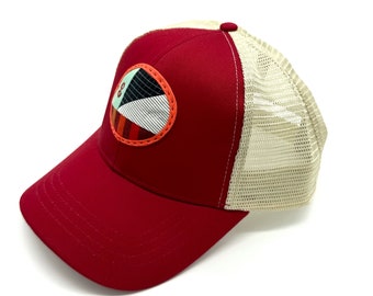 Mini Quilt Trucker Hat (Red with plaid and circles)