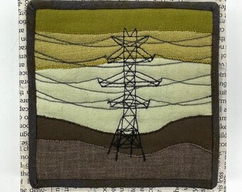 Transmission Line (green sky) 4”x4” framed mini quilt