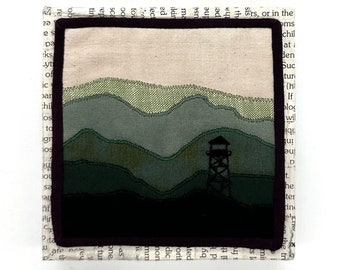 Fire Tower (hazy sky) 4”x4” framed mini quilt