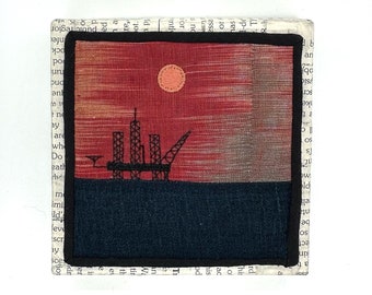 Oil Rig (wildfire sunset with pink sun) 4”x4” framed mini quilt