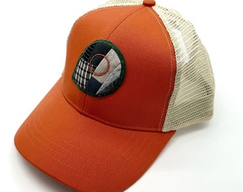 Mini Quilt Trucker Hat (Poppy with gray plaid)