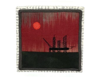Oil Rig (wildfire sunset with orange sun) 4”x4” framed mini quilt