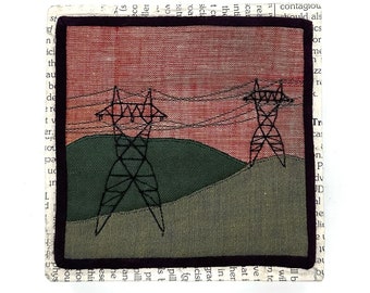 Power Lines (two ladies) 4”x4” framed mini quilt