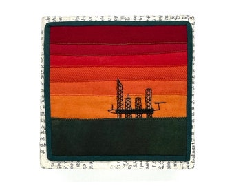 Oil Rig (red sunset) 4”x4” framed mini quilt