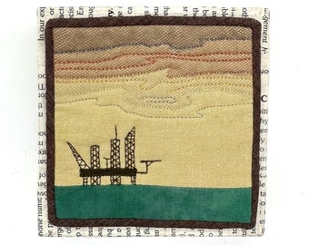 Oil Rig (yellow sunset) 4”x4” framed mini quilt