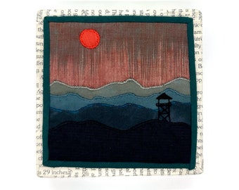 Fire Tower (four hills) 4”x4” framed mini quilt