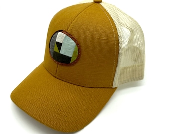 Mini Quilt Hemp Trucker Hat (Mustard with olive triangle)