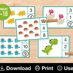 Tarjetas de conteo de dinosaurios para preescolar: contar del 1 al 10, aprender números, actividad de matemáticas para imprimir en casa, recurso de educación en el hogar, DESCARGA INSTANTÁNEA