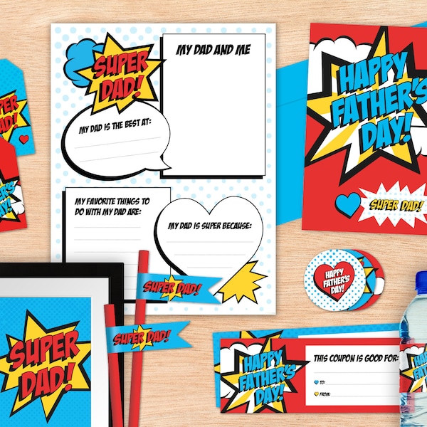 Fathers Day Party Bundle Printable, Gift Certificate, All About Super Dad, 5x7in cards, Tags, Cupcake Toppers, Drink Wraps, Last Minute DIY