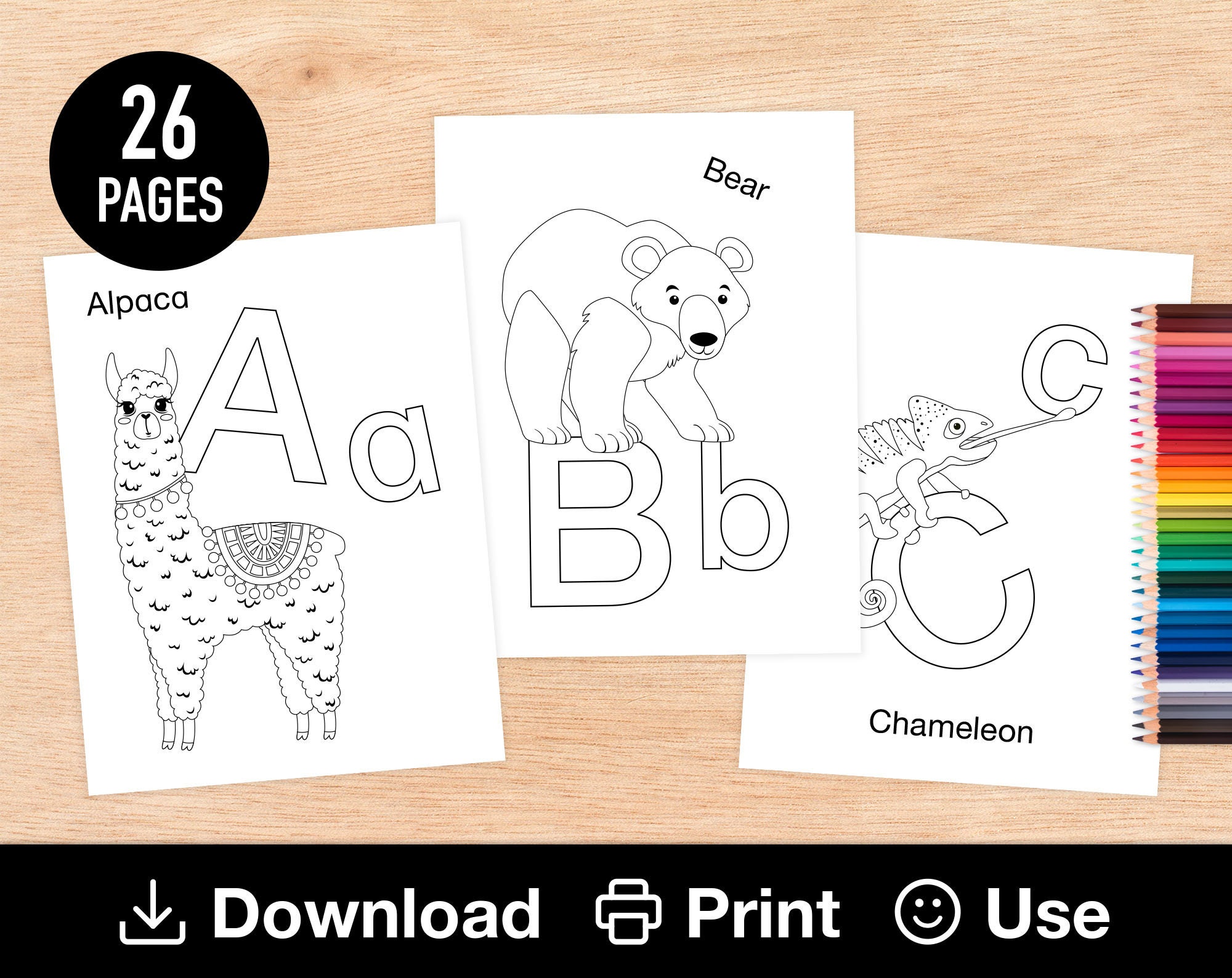 26 Animal ABC Coloring Sheets, A-Z Printable Pages for Toddlers, Montessori Alphabet, Preschool Binder, INSTANT DOWNLOAD