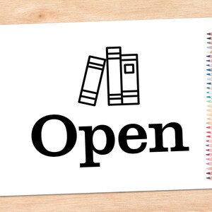 May include: Black and white line drawing of a stack of books with the word "Open" in bold, black letters below.