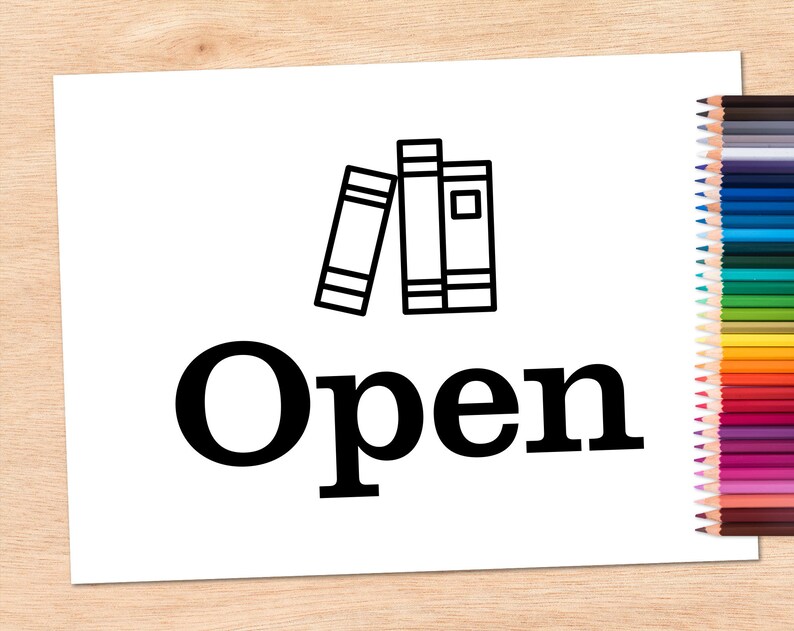 May include: Black and white line drawing of a stack of books with the word "Open" in bold, black letters below.