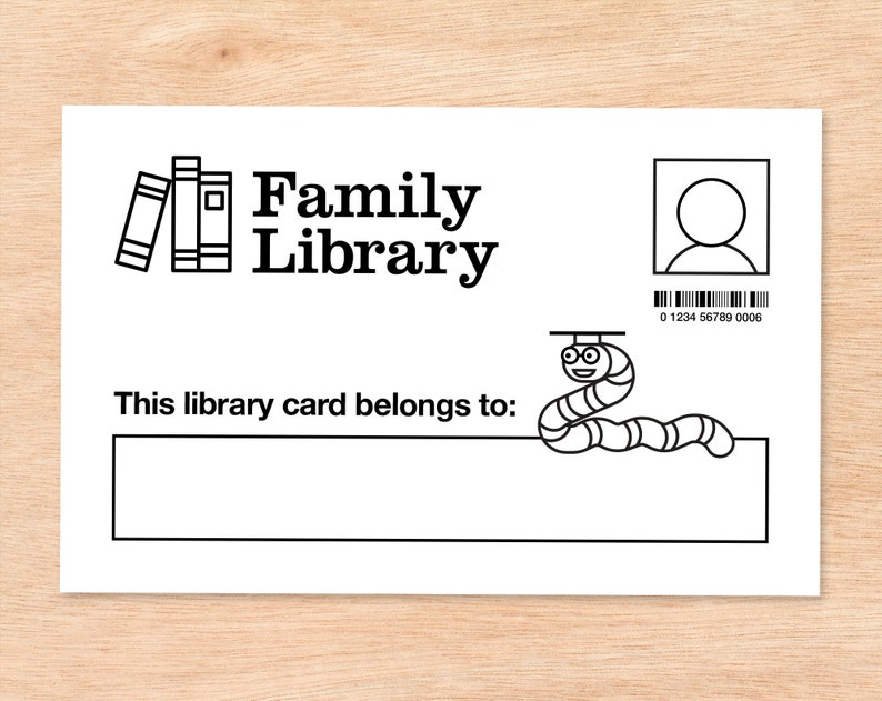 May include: Black and white printable library card template with the text "Family Library" and a space to write a name. The card also has a space for a photo and a barcode with the number 0 1234 56789 0008.