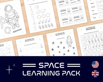 Space Preschool Worksheets and Activities, Early Learning Binder Packet, 20 Printable B&W Pages, Toddler Busy Book Games, Space Role Play