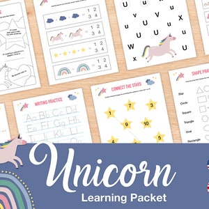 Paquete de aprendizaje imprimible con temática de unicornio (30 páginas), hojas de trabajo para niñas en edad preescolar, actividades de carpeta de actividades para niñas de jardín de infantes, DESCARGA INMEDIATA