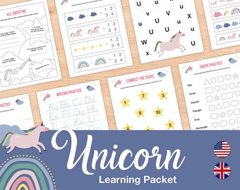 Unicorn themed Printable Learning Packet (30 pages), Preschool Girl Worksheets, Kindergarten Girl Busy Binder Activities, INSTANT DOWNLOAD
