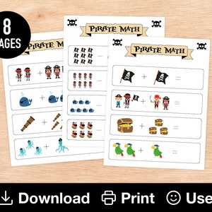 Fiches d'exercices de mathématiques sur le thème des pirates pour enfants de la maternelle ou de l'âge préscolaire, additions et soustractions de base, 8 pages à imprimer, cartable d'apprentissage à domicile