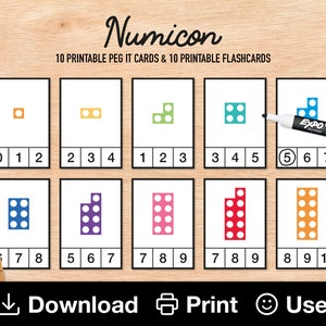 Tarjetas imprimibles Numicon Peg It y tarjetas didácticas básicas (números del 1 al 10), práctica de conteo, matemáticas para principiantes, Montessori, recurso de aprendizaje temprano