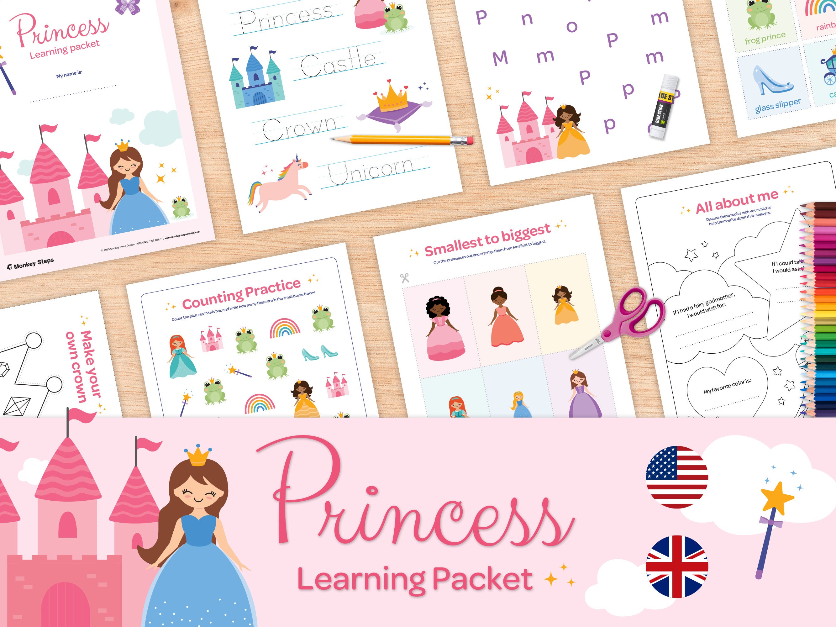 Princess themed Printable Learning Packet for Preschool & Kindergarten Girls (35 pages), Worksheets and Activities, INSTANT DOWNLOAD