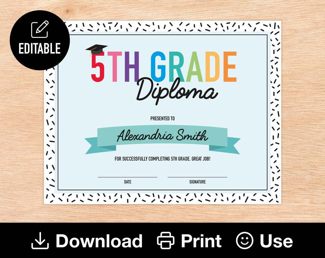editable-5th-grade-diploma-printable-certificate-for-class-end-of-school-year-rainbow-kids-graduation-celebration-instant-download-etsy