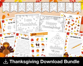 Kids Thanksgiving Activity Printable Bundle, “I Am Thankful” Coloring Banner and Pages, Games, Puzzles, Scavenger Hunt, INSTANT DOWNLOAD
