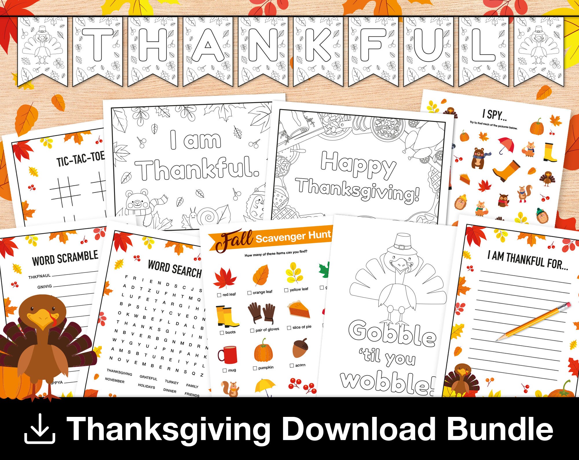 Kids Thanksgiving Activity Printable Bundle, "I Am Thankful"…