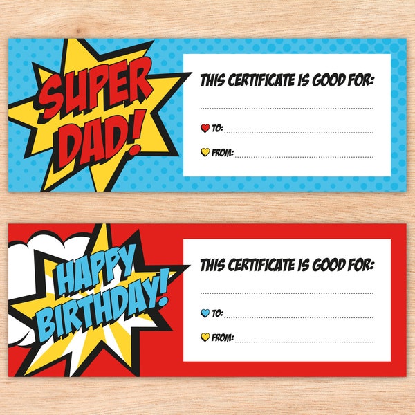 Super Dad Birthday Gift Certificate, Last Minute DIY Printable Gift Voucher, Make Your Own Coupon Book, Fun Kids Superhero, INSTANT DOWNLOAD