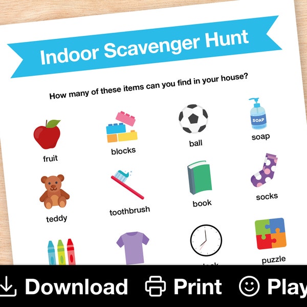 Indoor Scavenger Hunt Printable Activity, Kids Rainy Day Play, Fun Things To Do Inside, Toddler Game, Preschool Vocabulary, INSTANT DOWNLOAD