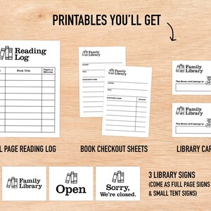 May include: Printable set for a family library, including a reading log, book checkout sheets, library cards, and signs. The signs include "Open" and "Sorry, We're Closed".