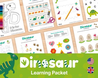 Dinosaur themed Printable Learning Packet, 20 Preschool Worksheets & Activity Pages, Toddler Busy Book, ABCs, Numbers, Shapes, DOWNLOAD NOW
