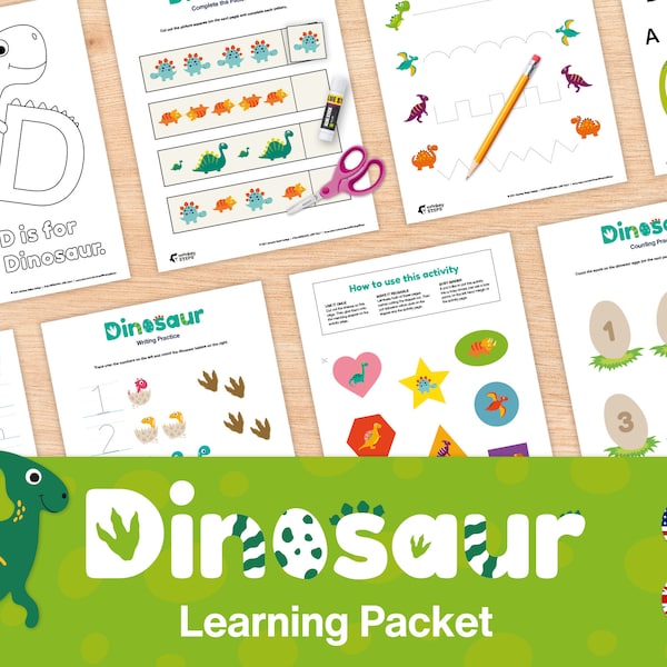 Dinosaur themed Printable Learning Packet, 20 Preschool Worksheets & Activity Pages, Toddler Busy Book, ABCs, Numbers, Shapes, DOWNLOAD NOW