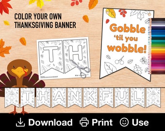 Kids Thanksgiving Activity, Color Your Own Printable Banner, I Am Thankful Sign, Last Minute Craft, DIY Decorations, INSTANT DOWNLOAD