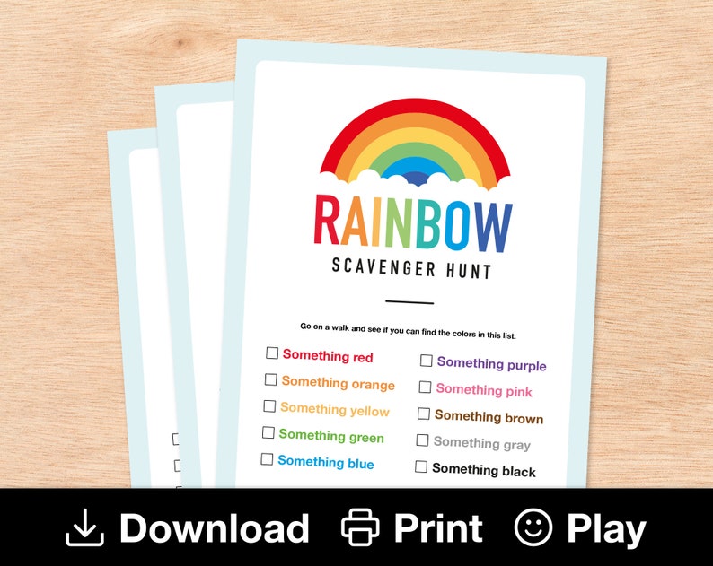 May include: Printable rainbow scavenger hunt game with a colorful rainbow graphic and a list of colors to find. Go on a walk and see if you can find the colors in this list: red, orange, yellow, green, blue, purple, pink, brown, gray, black.