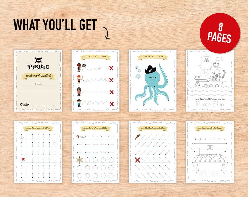 Pirate Handwriting Practice, 8 Printable Tracing Worksheets, Preschool