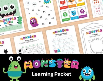 Cute Monsters themed Printable Learning Packet for Preschool & Kindergarten Kids (45 pages), Worksheets and Activities, INSTANT DOWNLOAD