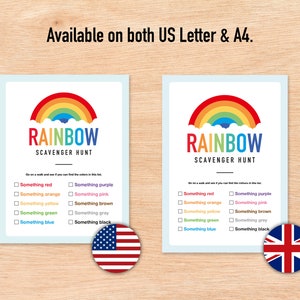 May include: Printable rainbow scavenger hunt game with a checklist of colors to find. The game is available in both US Letter and A4 sizes. The image includes a US flag and a UK flag.