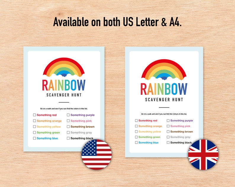 May include: Printable rainbow scavenger hunt game with a checklist of colors to find. The game is available in both US Letter and A4 sizes. The image includes a US flag and a UK flag.
