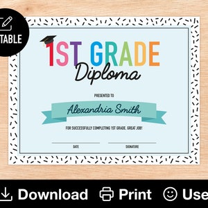 Bearbeitbares 1st-Grad-Diplom, druckbares Zertifikat für Klasse, Ende des Schuljahres, Regenbogen-Kinder-Abschlussfeier, INSTANT DOWNLOAD